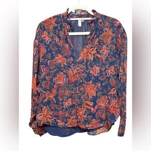 Anthropologie Pilcro The Tavi Floral Buttondown Shirt Top Sz S Blue & Rust‎